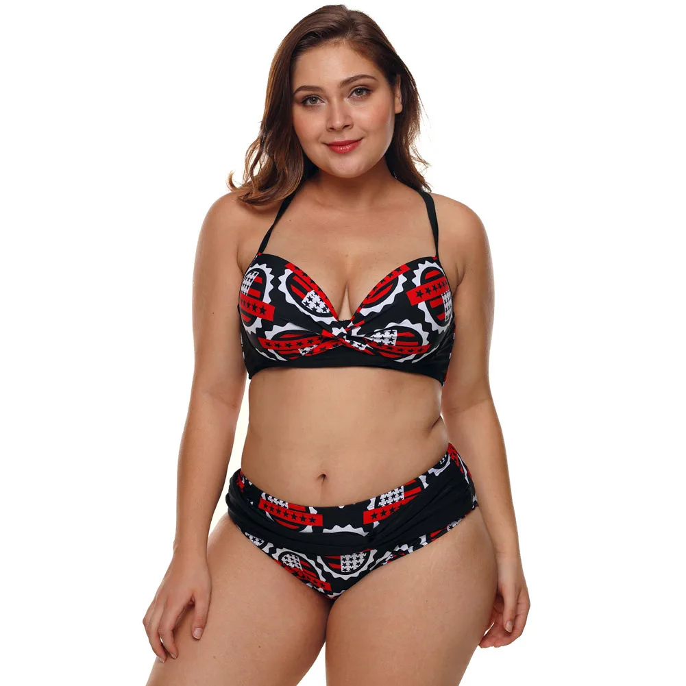 

Plus Size Stars Print Bikini Set Pleated Details Cool Sport Style Swimsuit
