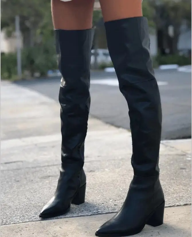 Женские сапоги выше колена; chaussure boots; обувь из искусственной кожи на высоком каблуке с острым носком; женская обувь; zapatos mujer sapato; большие размеры; H1080
