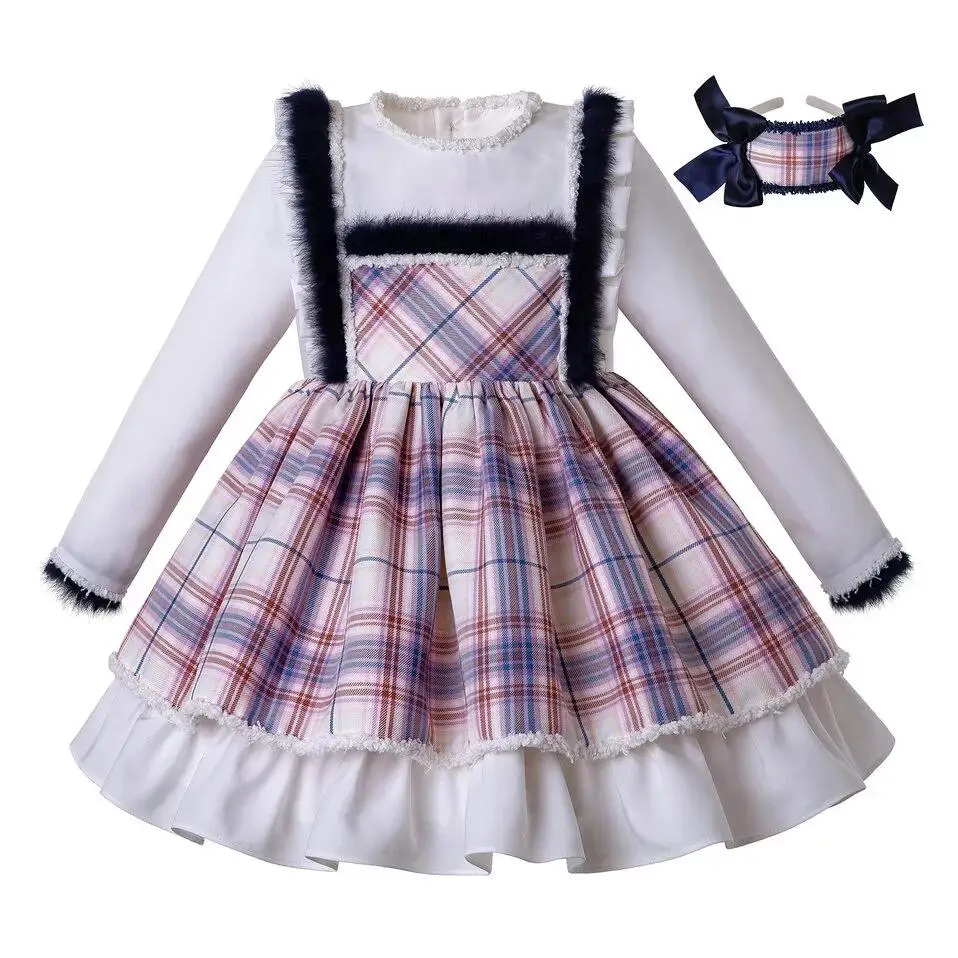 Pettigirl Autumn And Spring Lovely Plaid Faux Fur Dresses For Girls Clothing With Bows Headwear G-DMGD206-147 | Детская одежда и