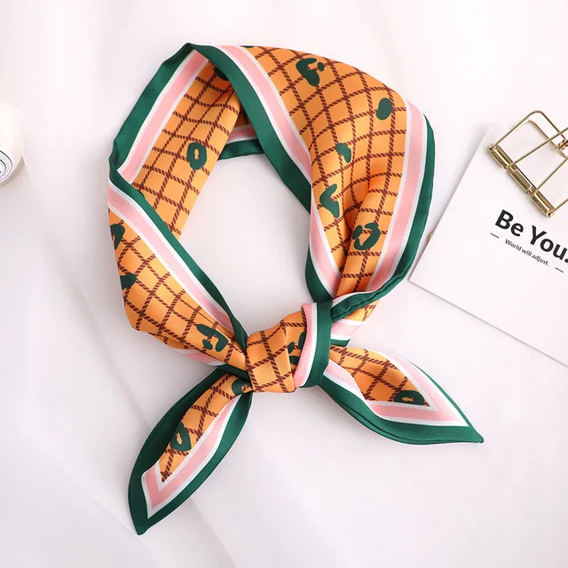 Sweet Love Print Women Small Silk Scarf Handle Bag Ribbons Female Head Scarves Sharp angle Green 90*10cm 8