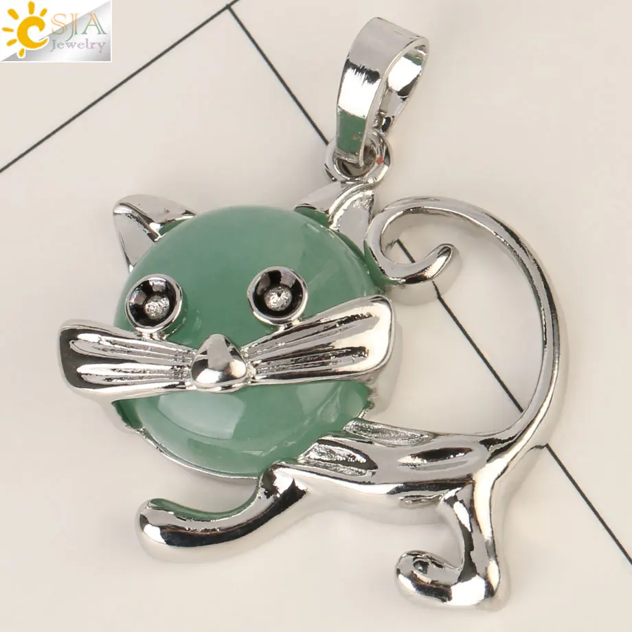 Green Aventurine Csja милое животное, кошка Медальон натуральный камень фиолетовый кристалл розовый с кварцевым тигровым глазом целебные ювелирные изделия для женщин девочек Ожерелья G240 - Окраска металла: Green Aventurine