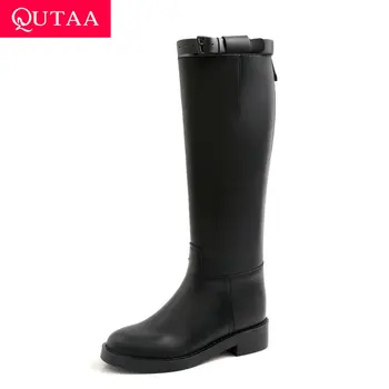 

QUTAA 2020 Cow Leather Patent Leather Zipper Casual Women Shoes Round Toe Fashion Square Low Heel Knee High Boots Size 34-39