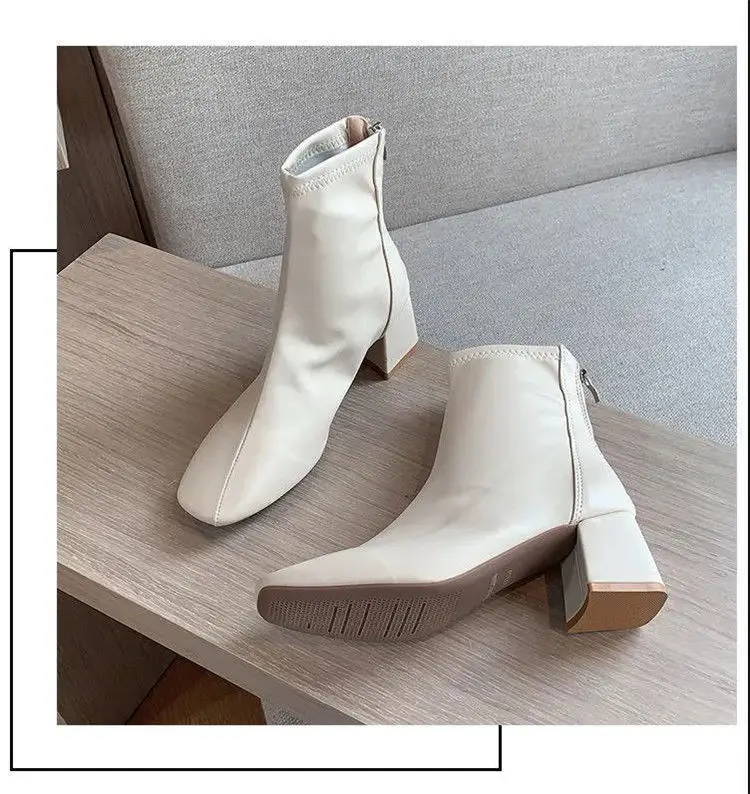 Boots Female British Style 2021 Spring and Autumn Single Boots Square Toe Thick Heel Net Red Thin High Heels Short Boots