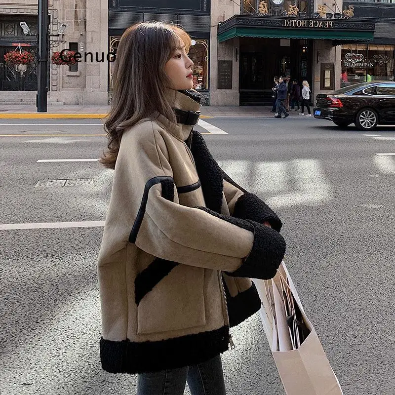 

Новинка 2022, Женское зимнее теплое Коричневое Пальто свободного покроя с отложным воротником в стиле пэчворк, модное универсальное шерстяное пальто на молнии