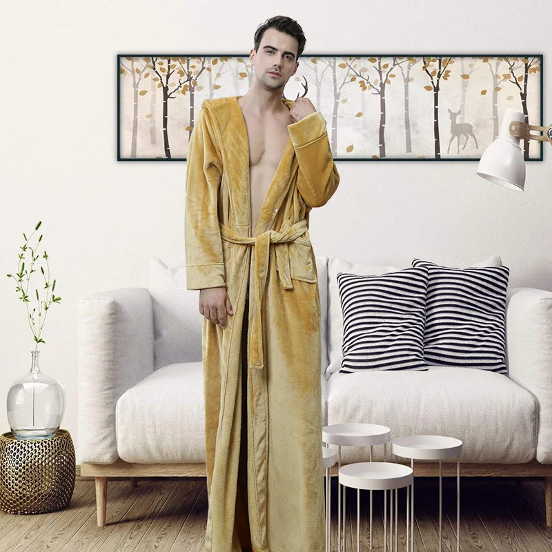 Women Winter Hooded Extra Long Thick Flannel Bath Robe Luxury Peignoir Warm Dressing Gown Men Bathrobe Bridesmaid Wedding Robes - Цвет: Men Earth yellow