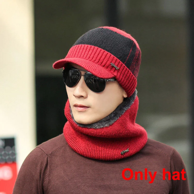 Red black hat Шапка Шарф Se1pcs зимняя мягкая шапка козырек f толстые шарфы Модные Skullies шапочки теплые вязаные мужские флисовые шапочки для улицы - Цвет: Red black hat