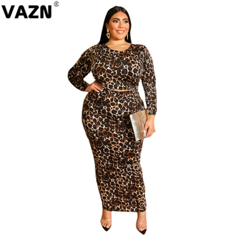 leopard VAZN HEJ5056 Новые Большие размеры для зрелых лет новейший стиль Леопардовый узор полный рукав группа макси юбки эластичные женские 2 шт набор - Цвет: leopard
