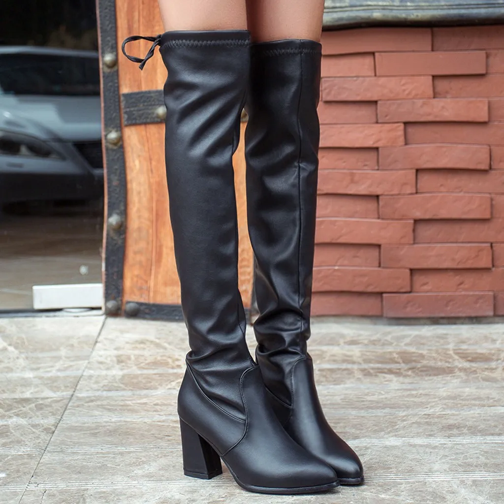 

Women Winter Warm Over Kneeth Back Knot Pointed Toe Upper High Heel Retro Boots PU Leather Shoes Square Heel Shoes
