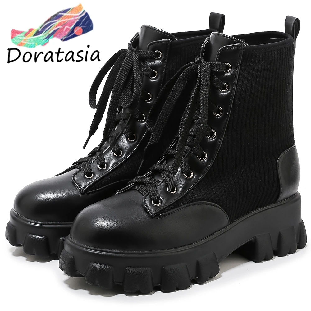

DORATASIA Plus Size 32-46 New Brand Platform Booties Ladies lace-up Patchwork Stretch Ankle Boots Women 2020 Wedges Shoes Woman