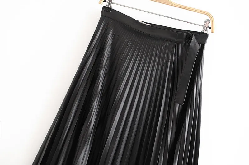 Black Faux Leather Pleated Skirt Streetwear Asymmetrical Midi Shirt With Belt Autumn Winter Vintage Elegant Office Skirt