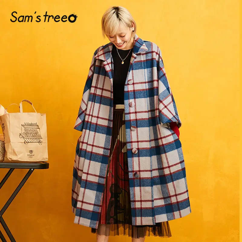

SAM'S TREE Plaid Colorblock Straight Wool Coat Women 2019 Winter Single Button Korean Casual Office Ladies Oversived Outwears
