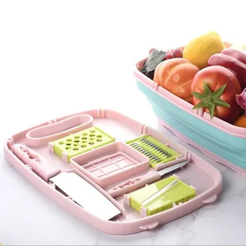 

9 In 1 Multi-Function Folding Cutting Board Kitchen Chopping Blocks With Pairing Knife Mandoline Vegetables Fruit Drain Basket