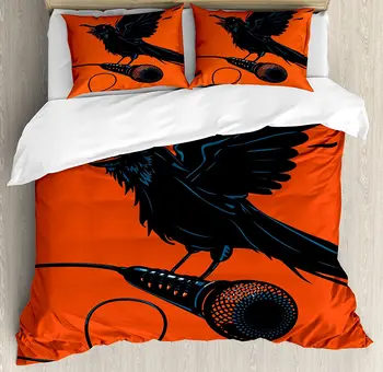 

Indie Duvet Cover Set Raven is Holding a Microphone Rock Music Theme Festival Party Gothic Singer Bedding Set Orange Black Blue