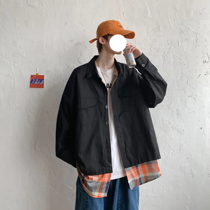 

Autumn Cotton Fake Two-piece Jacket Men's Fashion Retro Casual Plaid Jackets Mens Streetwear Loose Hip-hop Bomber Jacket Men