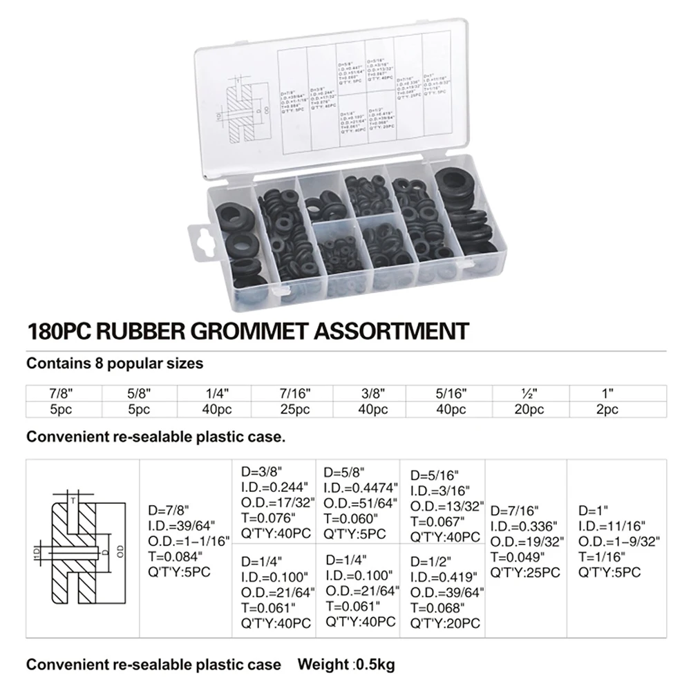 180-teiliges Gummi Tüllen Set - 8 Größen Für Kabel & Drähte
