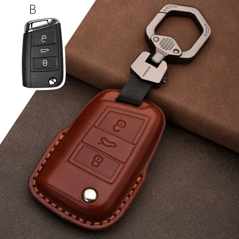 Fodero In Pelle Per Chiave Auto, Marrone, 3 Tasti, Compatibile Con Skoda Superb A7 Kodiaq, VW Passat B8 CC Tiguan MK2 Jetta, Con Portachiavi
