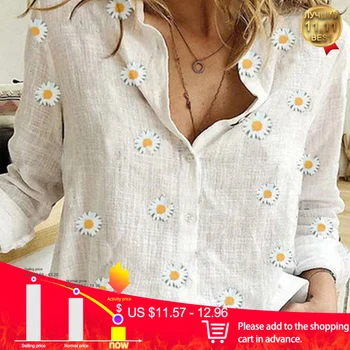

Women Daisies Print Shirts White Long Sleeve Button V-Neck Loose Female Tops 2020 Summer Casual Ladies Shirt Oversized 5XL