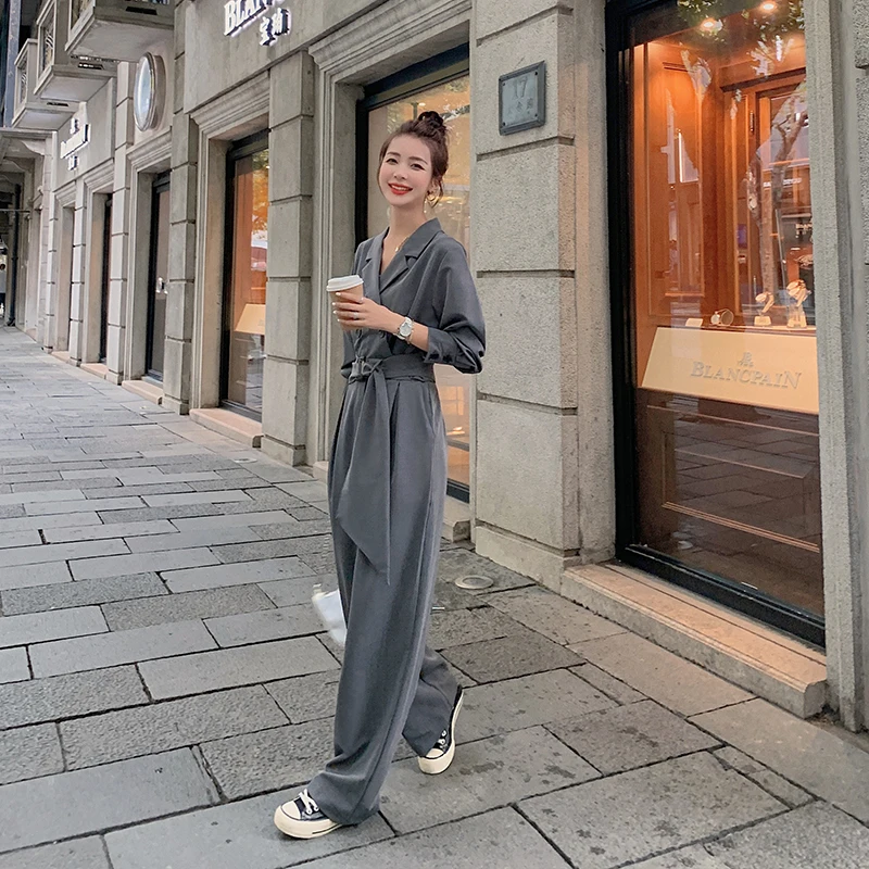 Moda donna elegante tuta grigia tuta primavera autunno manica lunga sciolto  gamba larga pantaloni monopezzo set tute pagliaccetti 2059 - AliExpress