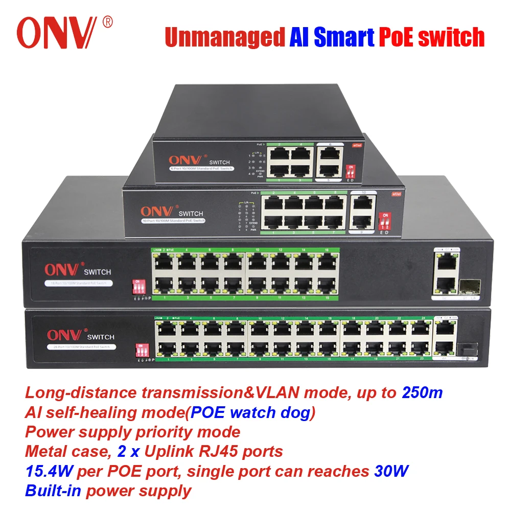 ONV неуправляемый смарт-коммутатор 100M PoE IEEE 802.3af/at VLAN 250m передача ИИ