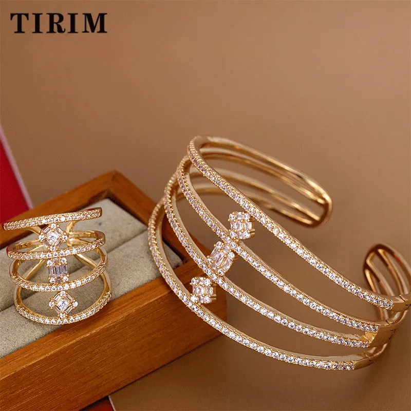 

TIRIM Luxury Africa Micro Paved Baguette Cubic Zircon Adjustable Bangle Ring Sets Fashion Dubai Bridal Jewelry For Women Wedding