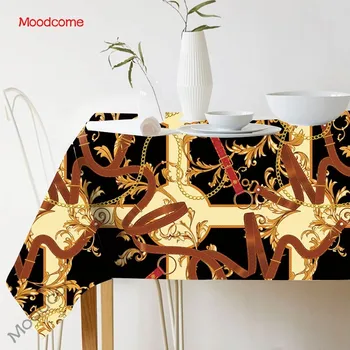 

Fashion Gold Belt Geometry Luxury Design Pattern Home Decorative Dinning Table Cloth Machine Wash Cotton Linen Gold Tablecloth