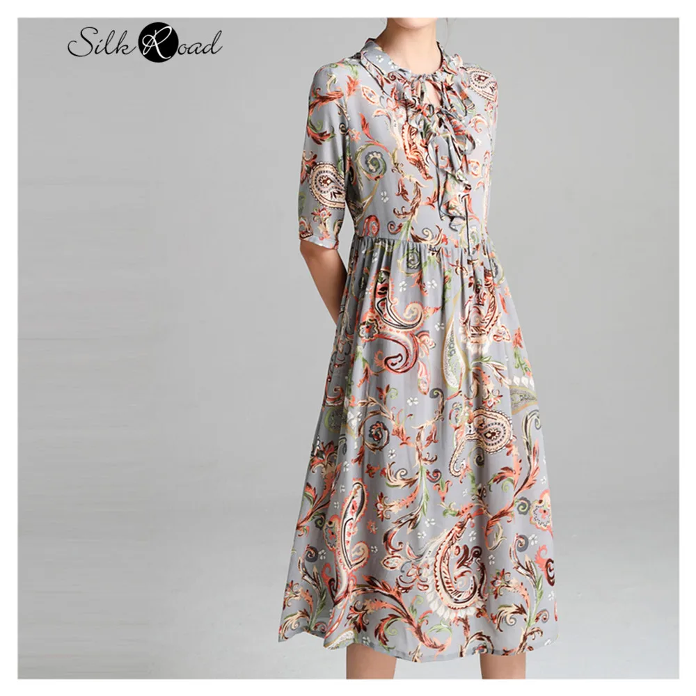 Silviye French retro floral silk dress women's temperament medium sleeve A-line blusas mujer de moda 2020 | Женская одежда