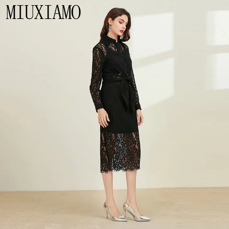 MIUXIMAO, Европейская мода, осенне-весенний комбинезон, новейшее кружевное Повседневное платье выше колена, женское платье