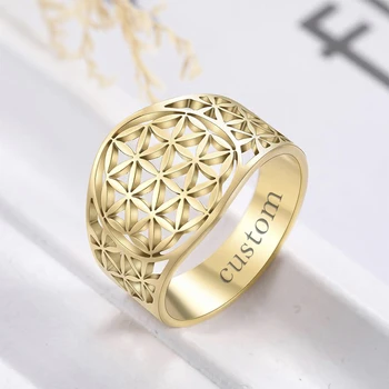 

Lemegeton Flower of life Stainless Steel Rings For Women Personalized Custom Name Date Ring Engraved Initials Ring