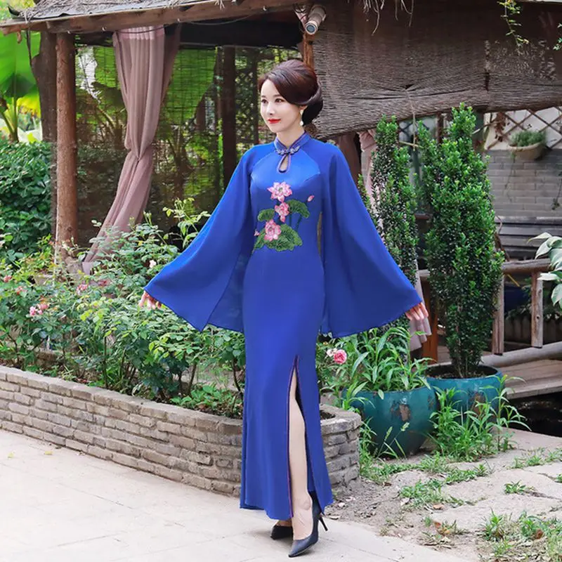 Китайский стиль длинный традиционный ченсам женское Новое поступление платье Чонсам с вышивкой платье для вечеринки шоу Qipao Плюс размер S-5XL