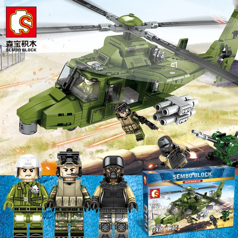 SEMBO 481 шт., военный вертолет с 3 фигурками, строительные блоки WW2, модель военного самолета, игрушки, рождественские подарки для детей