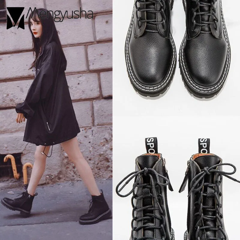 Зимние ботинки с вышивкой; женские Ботинки Martin на шнуровке и молнии; Botines Femme; короткие ботильоны; botas; кожаные ботинки с перекрестной шнуровкой; высокие мотоциклетные ботинки