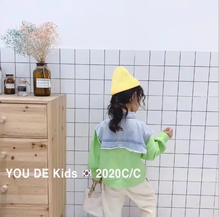 Горячая Распродажа, Джинсовая Лоскутная футболка для девочек, модный весенний хлопковый свитер для девочек 2-7 лет, C430