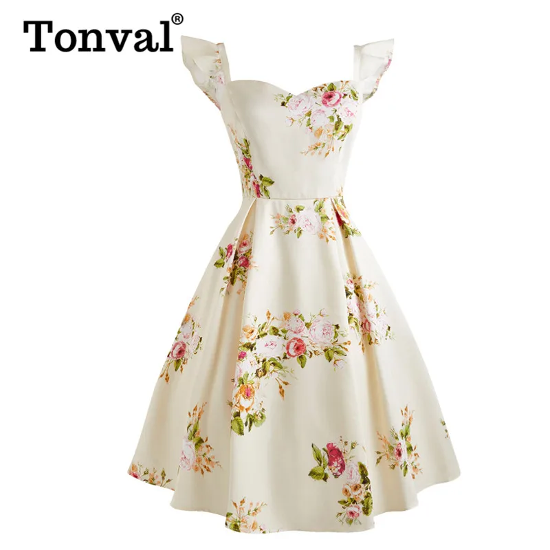 Tonval/бежевое милое платье с цветочным принтом и вырезом-сердечком, с рюшами и рукавами; женские летние вечерние платья с открытой спиной в винтажном стиле