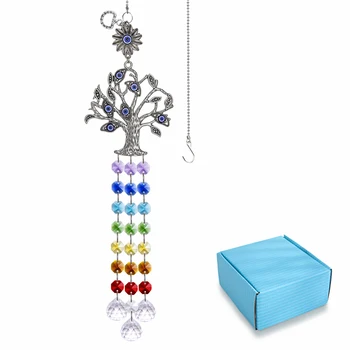 

H&D Rainbow Blue Evil Eye Life of Tree Pendant Chakra Hanging Crystals Ball Prisms Suncatcher For Home Window Garden Decoration