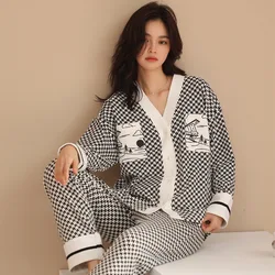 QSROCIO High Quality Women's Pajamas Set Houndstooth Ins Style Sleepwear Cotton V Neck Homewear Casual Nightwear пижама женская