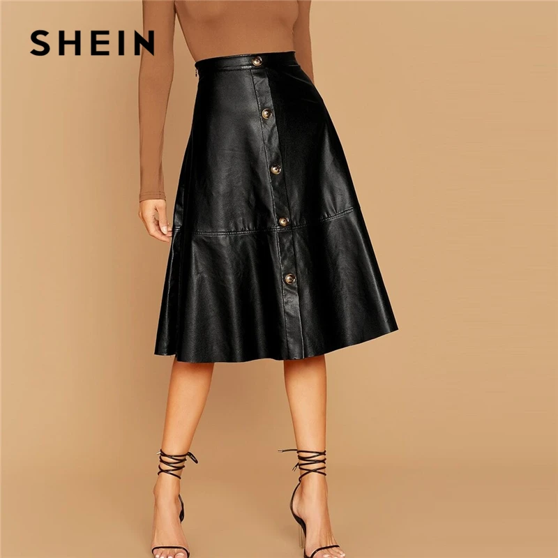 SHEIN черная однотонная однобортная кожаная элегантная юбка миди для женщин осень высокая талия офисные женские трапециевидные расклешенные юбки