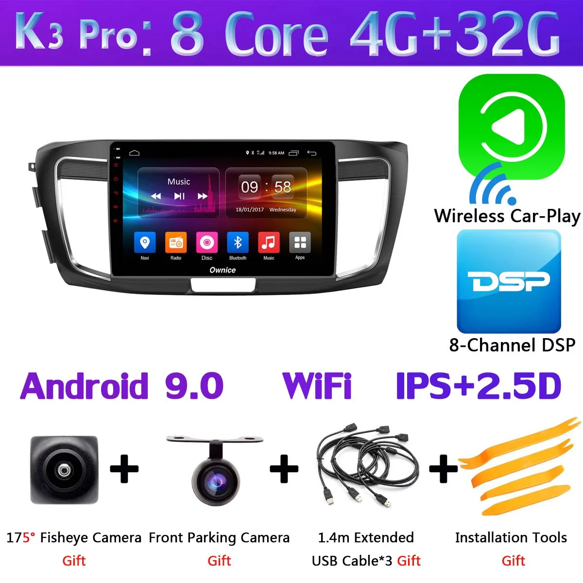 360 ° панорамный 4G SIM Android 9,0 4G+ 64G gps радио CarPlay SPDIF DSP автомобильный мультимедийный плеер для Honda Accord 9 - Цвет: K3 Pro CarPlay