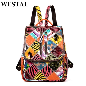 

WESTAL women backpack genuine leather vintage patchwork colorful school bag for women daypack for ipad school shoulder lady bag