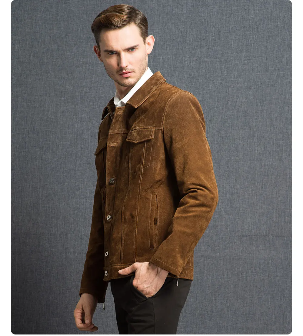 Kожаная куртка мужская, коричневая куртка из натуральной свиной кожи, покрой джинсовой куртки, пиджак для мужчин на весну-осень
