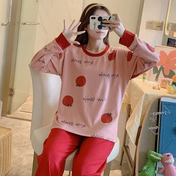

2020 Women Sleepwear Spring and Autumn Cute Cartoon Print Long Sleeve Pajama Set Cotton Top Long Pants Sleepwear
