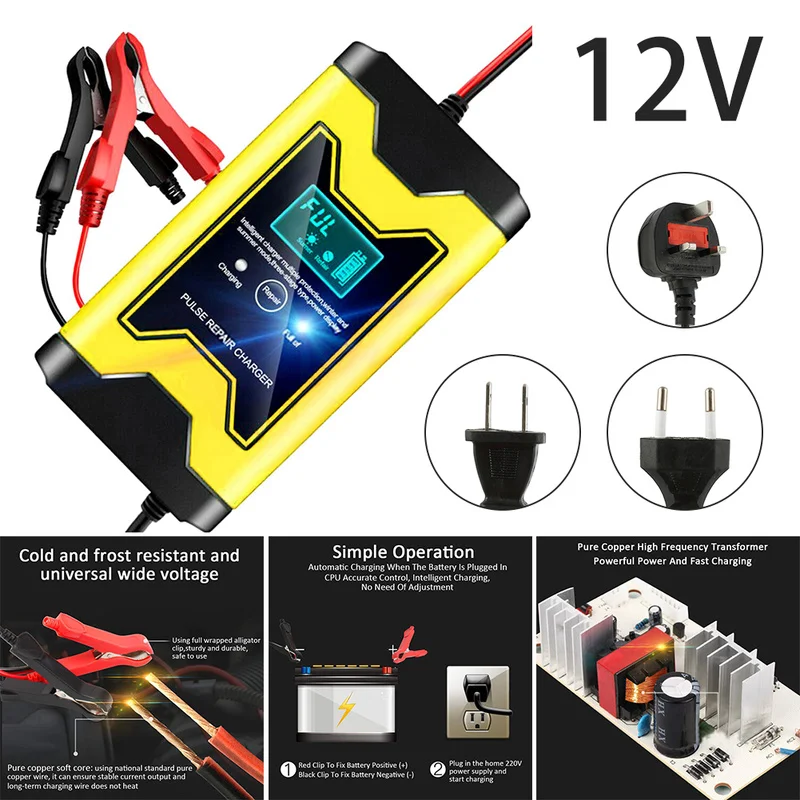 

12V 6A Car Battery Charger Full Automatic Pulse Repair Chargers Intelligent Fast Power LCD Display Lead Acid US UK EU Plug