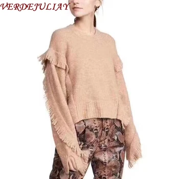 

VERDEJULIAY European Runway Designer Knitting Women 2020 Spring New High Street Off Shoulder Elegant Tassel Woolen Sweater