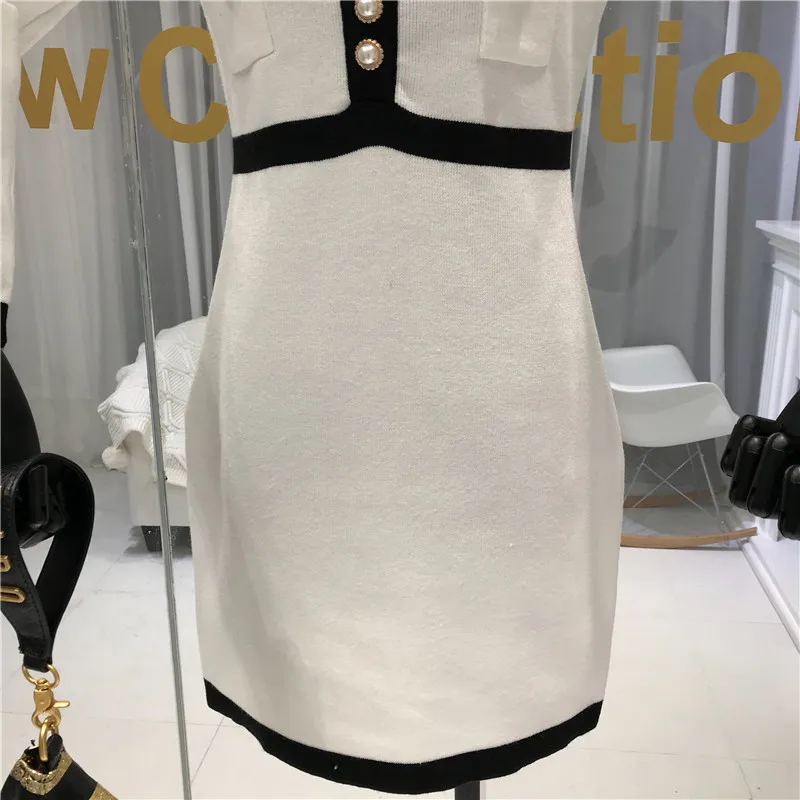 ALPHALMODA, новинка, зимнее вязаное платье с жемчужными пуговицами и v-образным вырезом, женское элегантное тонкое трикотажное платье, модная Мини Одежда