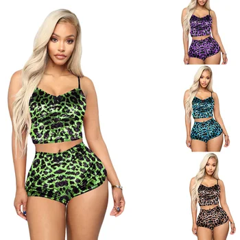 

Women Casual Leopard Print Velvet Two Piece Set Spaghetti Straps Crop Top Shorts Female Tracksuit Clubwear