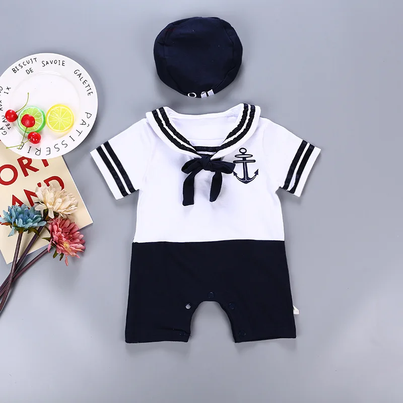 Хлопковый костюм для маленьких мальчиков и девочек в морском стиле, шляпа+ комбинезон с короткими рукавами, комплект из 2 предметов, комбинезон для малышей, летняя одежда для дня рождения, 3-6-12 месяцев