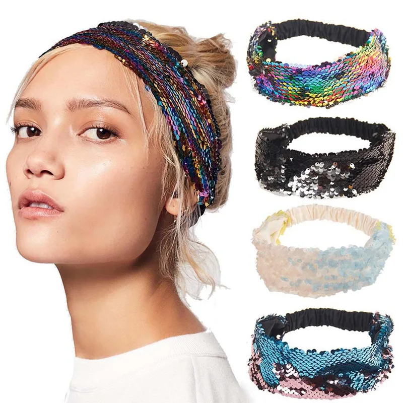 Reversible Sequin Girls Headband Mermaid Elastic Fabric Hairband Summer Style Wide Head Band For Female Women Hair Accessories