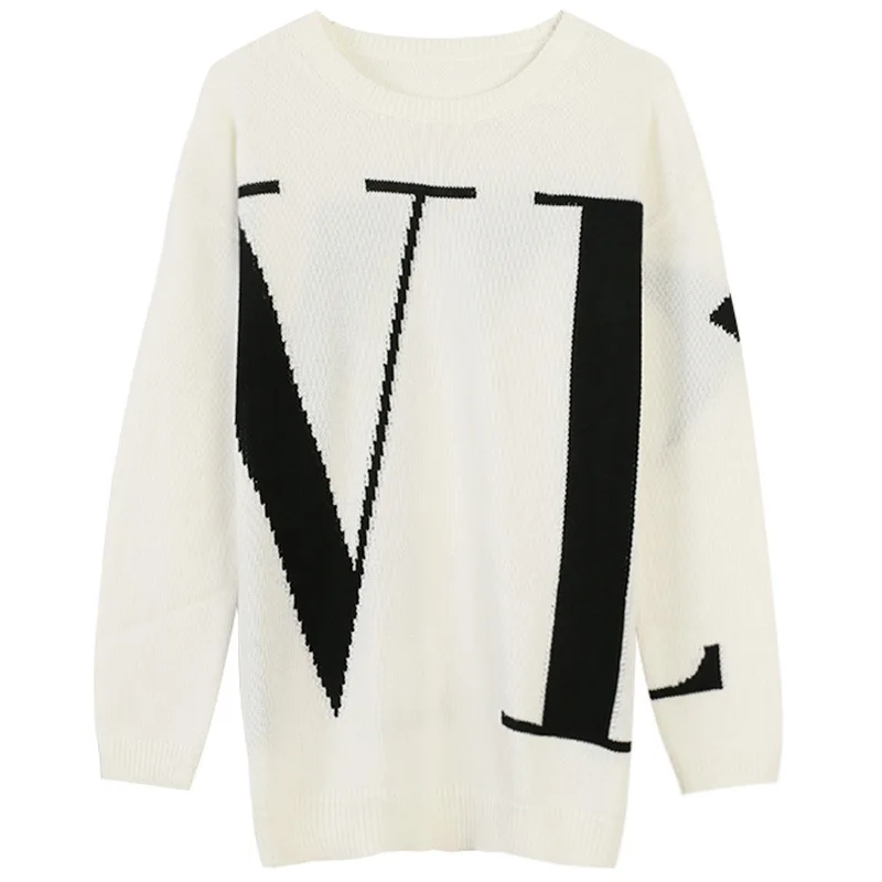 Fall Black Sweater New Long Sleeve Coloured Letter Embroidered Round Neck Loose Knitted Top Woman Computer Knitted Sweater