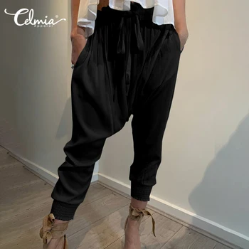 

Celmia Fashion Elastic Waist Harem Pants Women Casual Loose Trousers Drop Crotch Solid Pantalon Femme Plus Size Pleated Palazzo