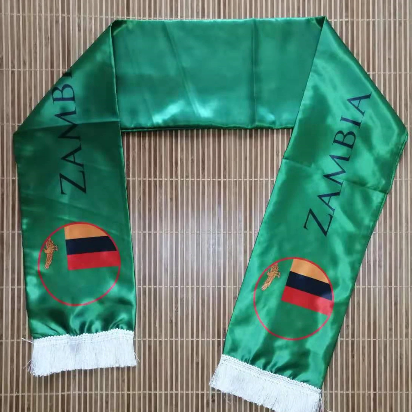 

Drop Shipping silk Satin Sublimation 2 sided printing Zambia Country Scarf 55"x6" with 5cm tassels for soccer fans