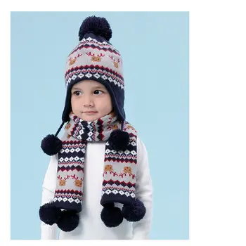 

Kids Baby Winter Christmas Reindeer Pompom Earflap Beanie Cap Long Scarf Gloves
